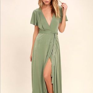 Lulu’s sage green wrap maxi dress flutter sleeve